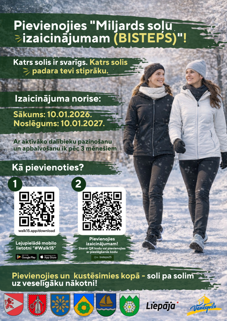 Kurzemes plānošanas reģions aicina Kurzemes iedzīvotājus Jauno gadu sākt aktīvi, piedaloties „Miljards soļu izaicinājumā (BISTEPS)”