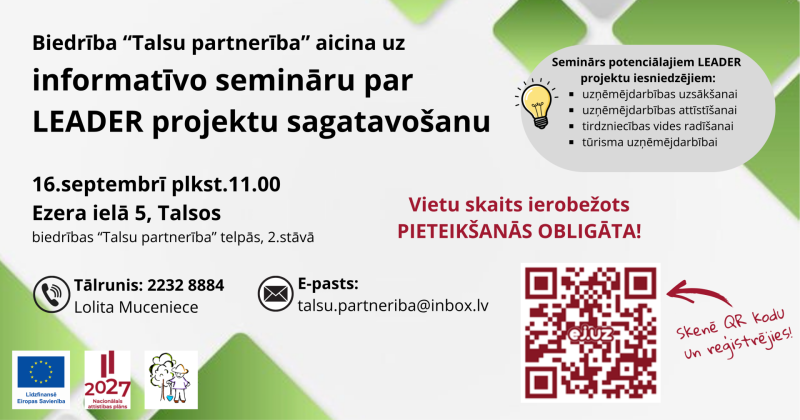 Biedrība ''Talsu partnerība'' aicina uz informatīvo semināru par ''LEADER'' projektu sagatavošanu