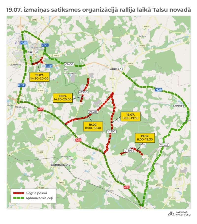 Slēgtie valsts ceļu posmi rallija laikā Talsu novadā