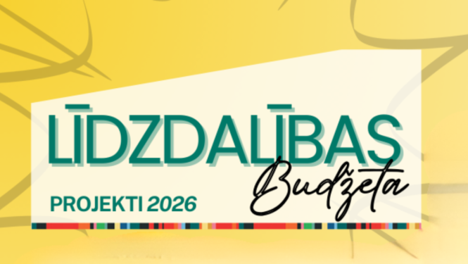 Alt teksts: Grafisks attēls ar uzrakstu „Līdzdalības budžets” un apakšvirsrakstu „Projekti 2026”. Teksts izvietots uz gaiša, slīpa taisnstūra dzeltenā fonā. Vārds „Budžets” rakstīts rokraksta stilā, bet attēla apakšdaļā redzama dekoratīva daudzkrāsu josla.