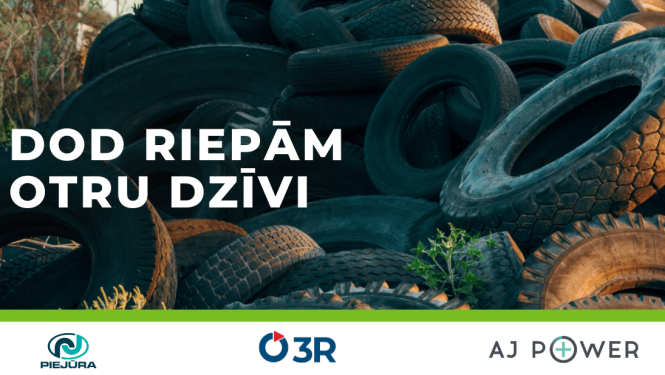 Plakāts ar aicinājumu nodot nolietotās riepas pārstrādei. Uz tumša nolietotu riepu krāvuma fona lieliem baltiem burtiem rakstīts „Dod riepām otru dzīvi”. Plakāta apakšdaļā redzami SIA „AAS „Piejūra””, SIA „3R” un AS „AJ Power Recycling” logotipi.
