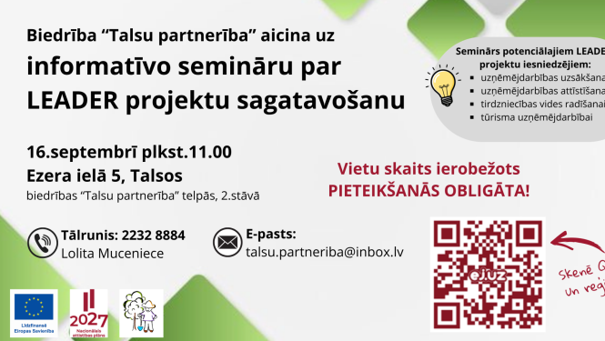 Biedrība ''Talsu partnerība'' aicina uz informatīvo semināru par ''LEADER'' projektu sagatavošanu