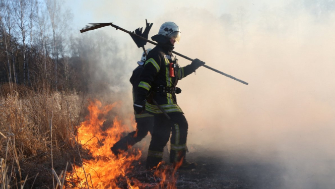 Ugunsdzēsējs aizsargtērpā iet gar kūlas ugunsgrēka malu, turot uz pleca ugunsdzēsības rīku. Priekšplānā deg sausa zāle, bet apkārt redzami dūmi un kaili koki.