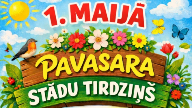 Krāsains pavasara tirdziņa plakāts ar uzrakstu „1. maijā Pavasara stādu tirdziņš”. Plakātā norādīts pasākuma laiks no plkst. 11.00 līdz 14.00, kā arī informācija, ka būs pieejami stādi, augļkoki, puķes un arī mājas labumi. Apakšā redzams aicinājums tirgotājiem pieteikties līdz 20. aprīlim. Plakātu rotā ziedi, tauriņi, putns, dārza instrumenti, lejkanna, salmu cepure un stādu kastes.