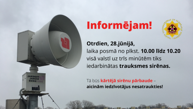 VUGD 28. jūnijā veiks trauksmes sirēnu pārbaudi