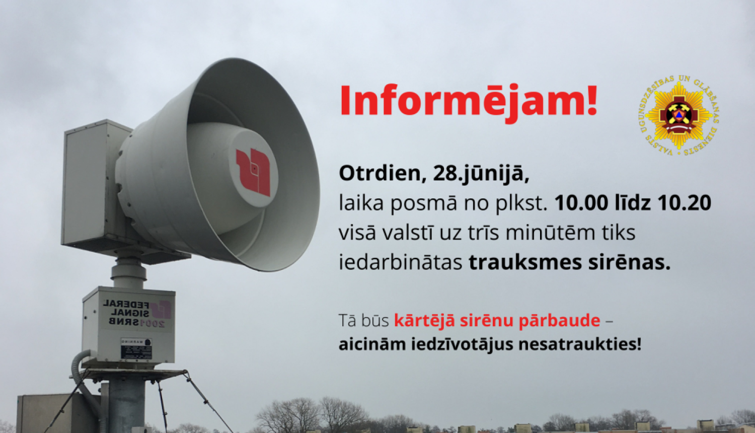 VUGD 28. jūnijā veiks trauksmes sirēnu pārbaudi