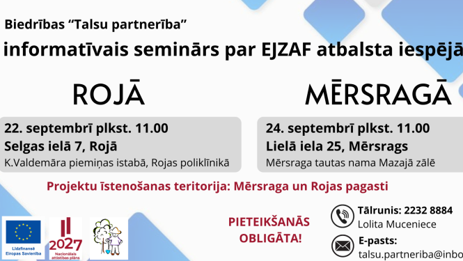 Biedrība ''Talsu partnerība'' aicina uz informatīvo semināru par EJZAF atbalsta iespējām