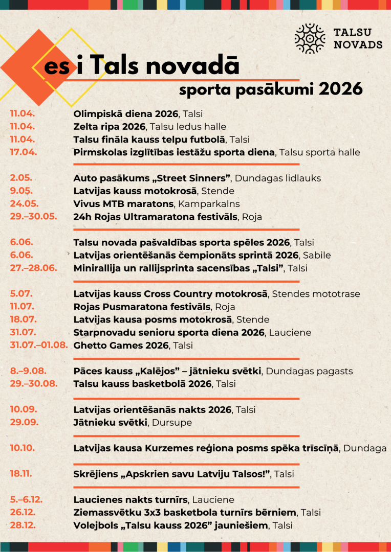 2026 gada sporta notikumu Talsu novadā afiša