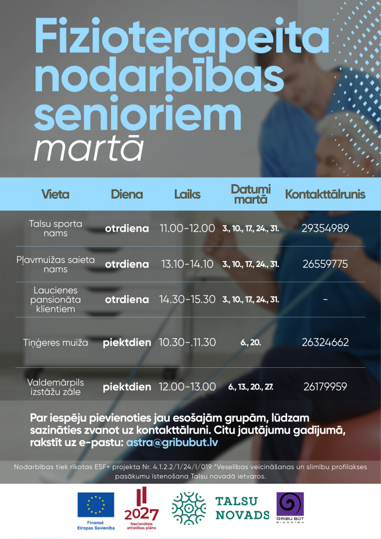 Afiša. Fizioterapeita nodarbības senioriem