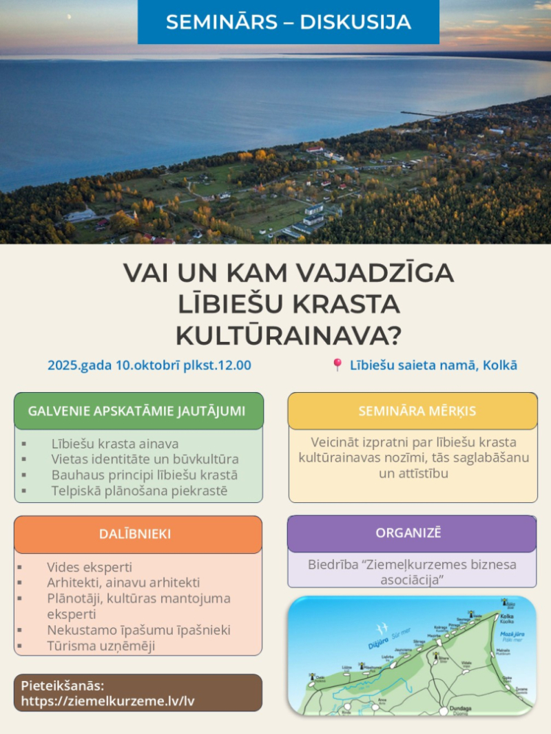 Ziemeļkurzemes biznesa asociācija aicina uz semināru–diskusiju „Vai un kam vajadzīga Lībiešu krasta kultūrainava?”