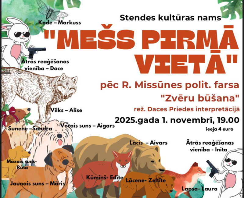 Amatierteatra izrādes Mešs pirmā vietā afiša
