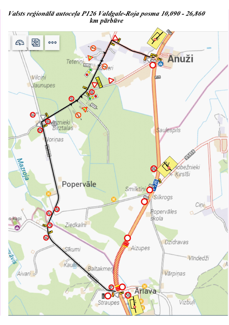 Kartē attēlots būvdarbu apbraukšanas ceļš no Sasmakas ezera vienas malas caur Popervāli līdz Anužiem