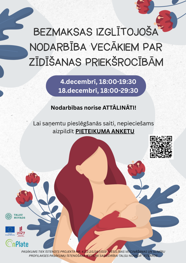 BEZMAKSAS izglītojošas nodarbības par zīdīšanas priekšrocībām afiša