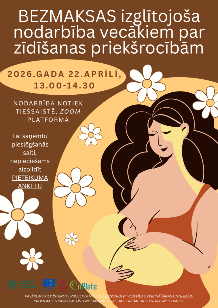 BEZMAKSAS izglītojošas nodarbības par zīdīšanas priekšrocībām afiša