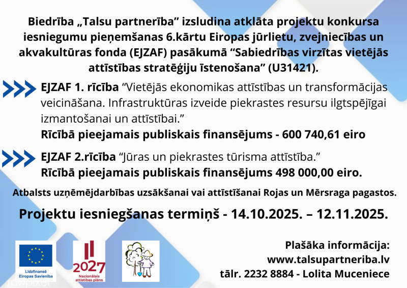 „Talsu partnerība” aicina pieteikt projektus uzņēmējdarbības un piekrastes attīstībai