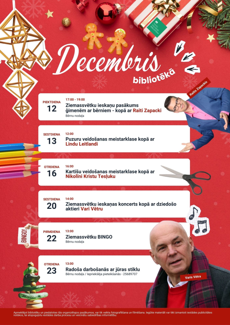 Decembra pasākumu bibliotēkā afiša