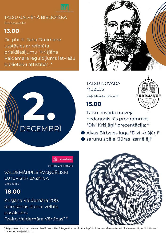 Ar dažādiem pasākumiem 2. decembrī atzīmēs Krišjāņa Valdemāra dzimšanas dienu