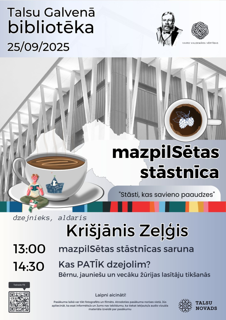 Mazpilsētas stāstnīcas saruna ar Krišjāni Zeļģi afiša