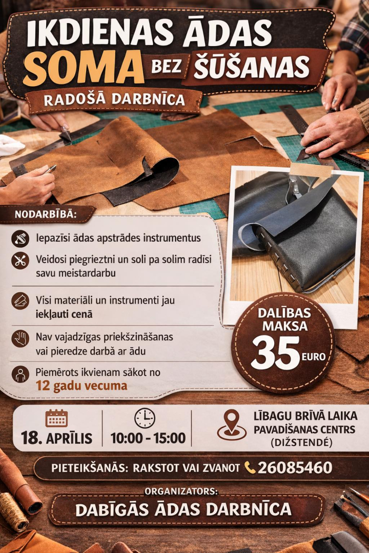 Meistarklases Ikdienas ādas soma bez šūšanas afiša