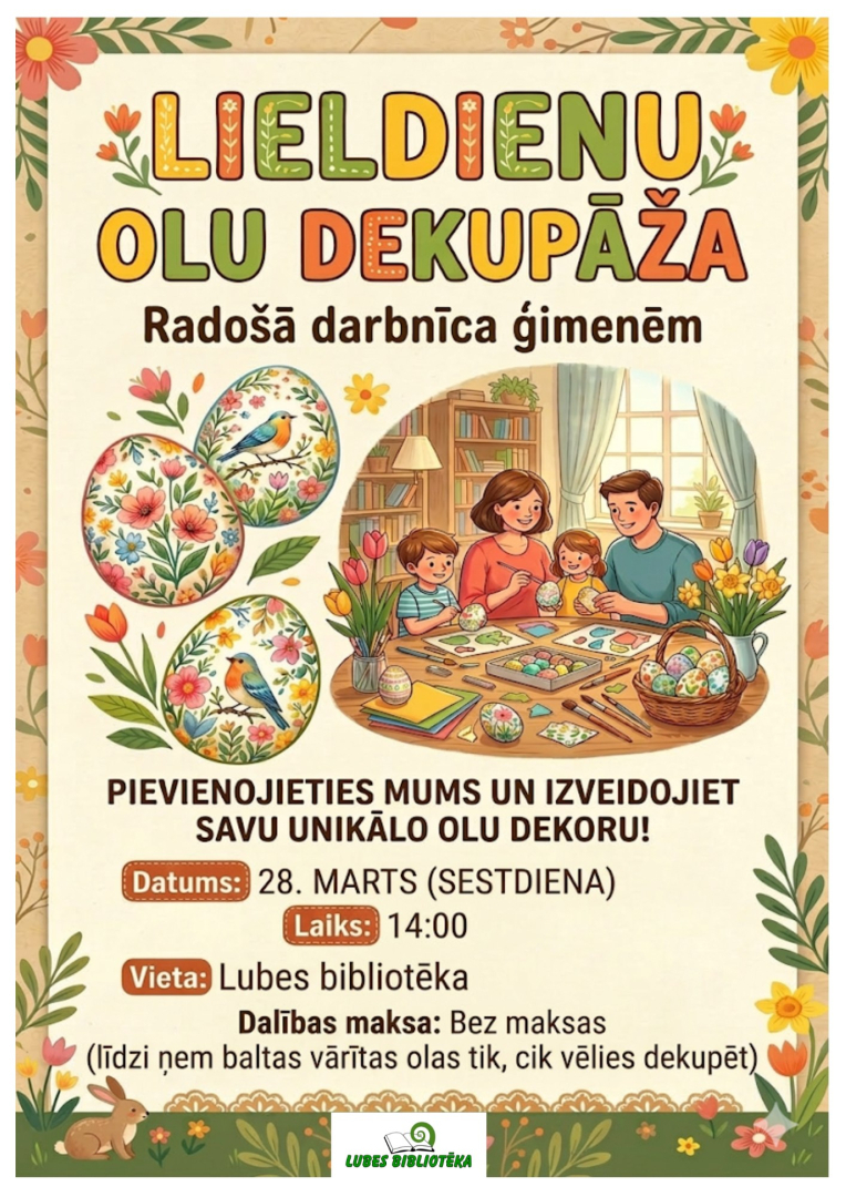 Nodarbības ģimenēm Lieldienu olu dekupāža afiša