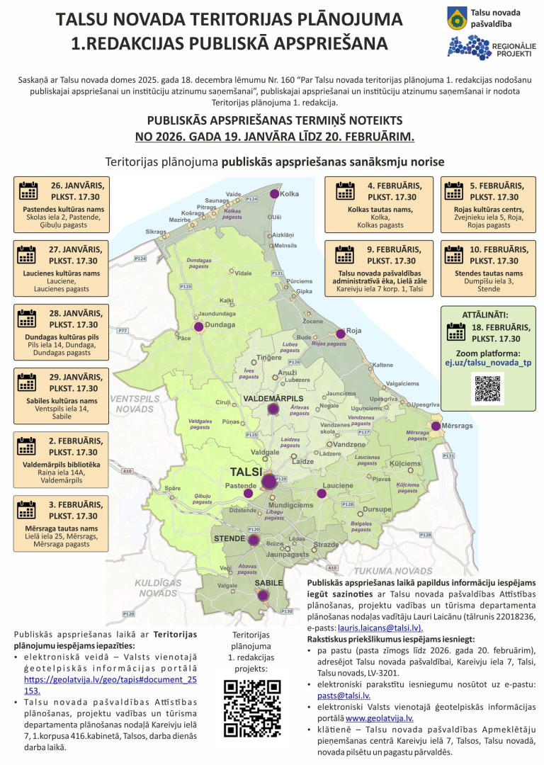 Publiskajai apspriešanai nodota Talsu novada teritorijas plānojuma 1. redakcija