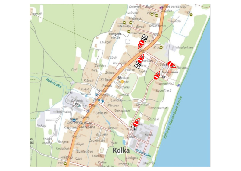 Satiksmes organizācijas shēma būvdarbu laikā pie Kolkas tautas nama – laukums slēgts