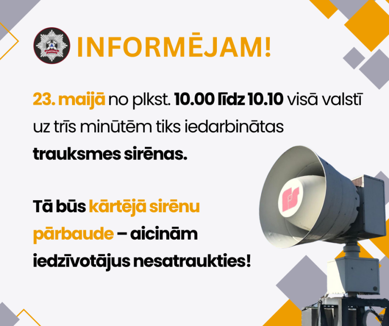 Informācija par trauksmes sirēnu pārbaudi