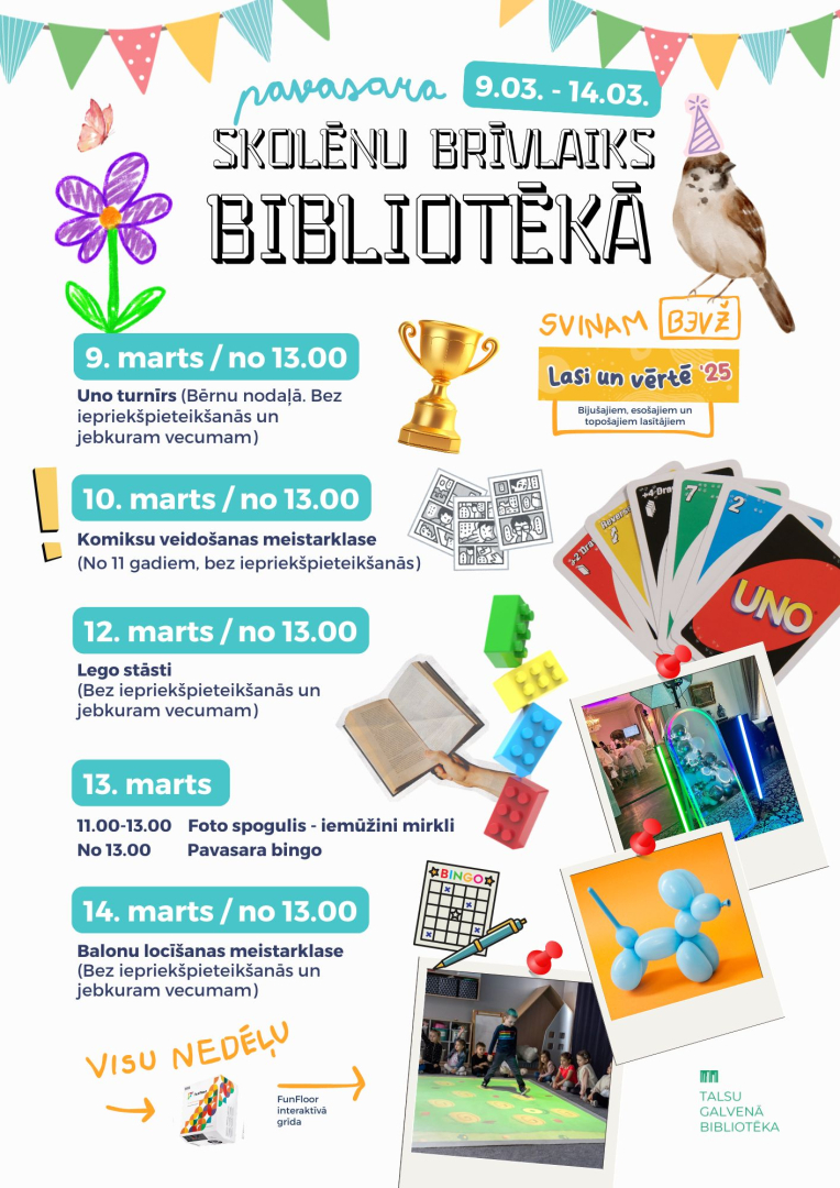 Skolēnu brīvlaika pasākumu Talsu Galvenajā bibliotēkā afiša