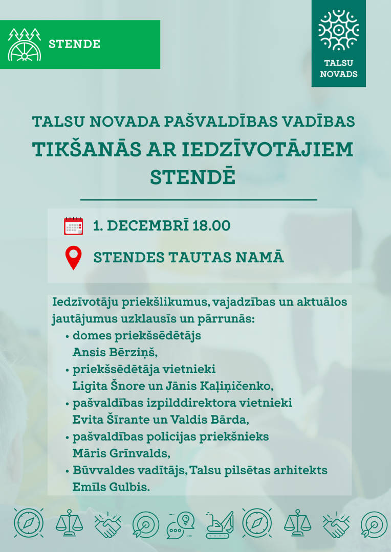 Talsu novada pašvaldības vadība aicina iedzīvotājus uz tikšanos 1. decembrī Stendē