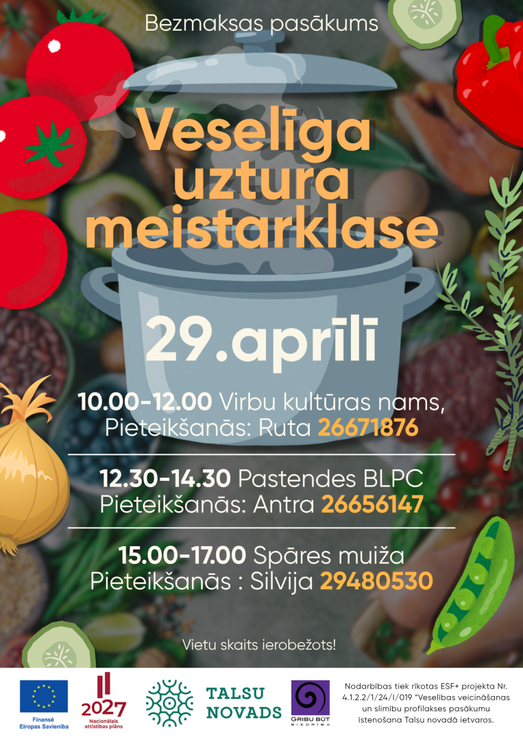 Veselīga uztura meistarklases Virbos, Pastendē un Spārē afiša