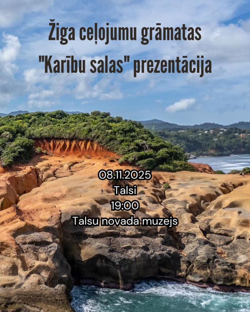 Žiga ceļojumu grāmatas Karību salas prezentācijas afiša