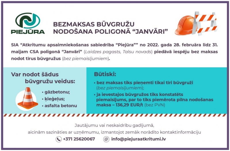 Bezmaksas būvgružu nodošana poligonā „Janvāri”