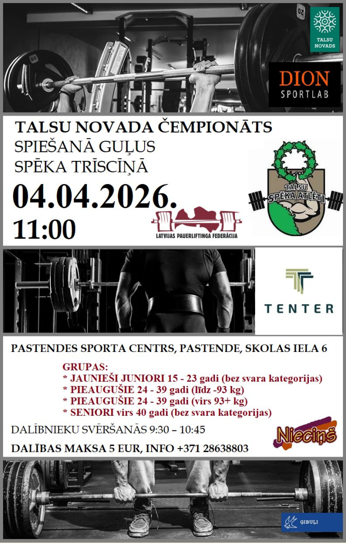 Talsu novada čempionāta trīscīņā un spiešanā guļus afiša
