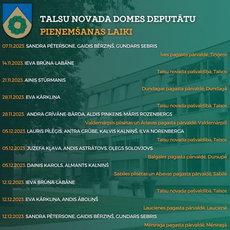 Deputātu pieņemšanas novembrī