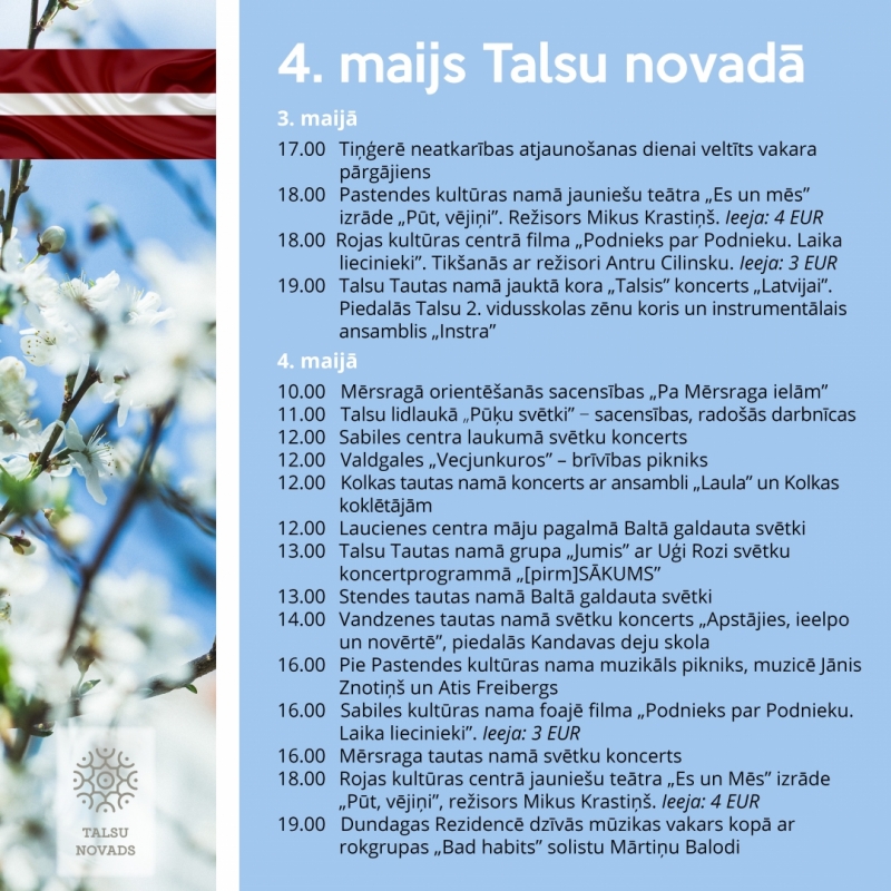 Latvijas Republikas neatkarības atjaunošanas dienai veltīti pasākumi Talsu novadā
