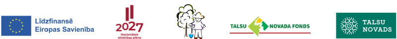 Baltā fonā izvietota vairāku organizāciju logotipu josla: Eiropas Savienības līdzfinansējuma logo, „2027 Nacionālais attīstības plāns”, stilizēts cilvēka un koka zīmējums, „Talsu novada fonds” un „Talsu novads”.