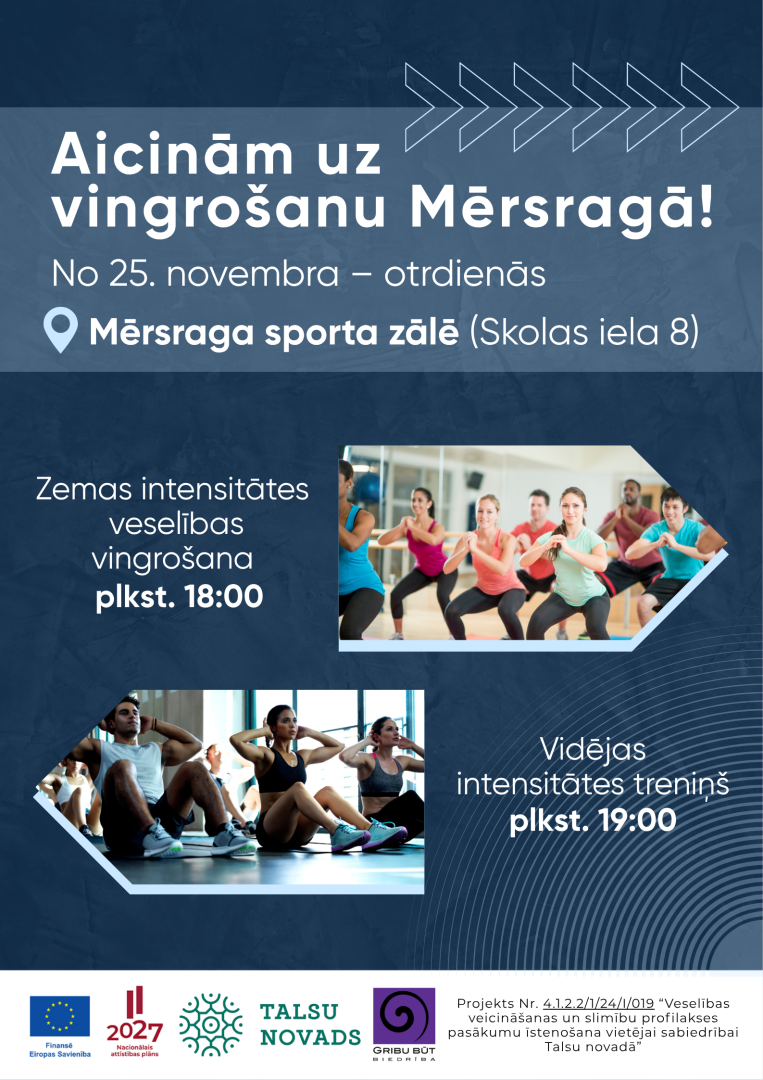 Vingrošanas nodarbību Mērsragā afiša