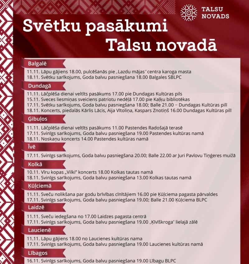 Valsts svētku mēneša norises Talsu novada pilsētās un pagastos