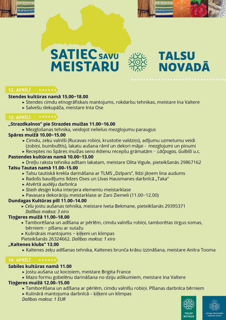 Tradicionālo prasmju pasākums „Satiec savu meistaru!” 13. un 14. aprīlī Talsu novadā