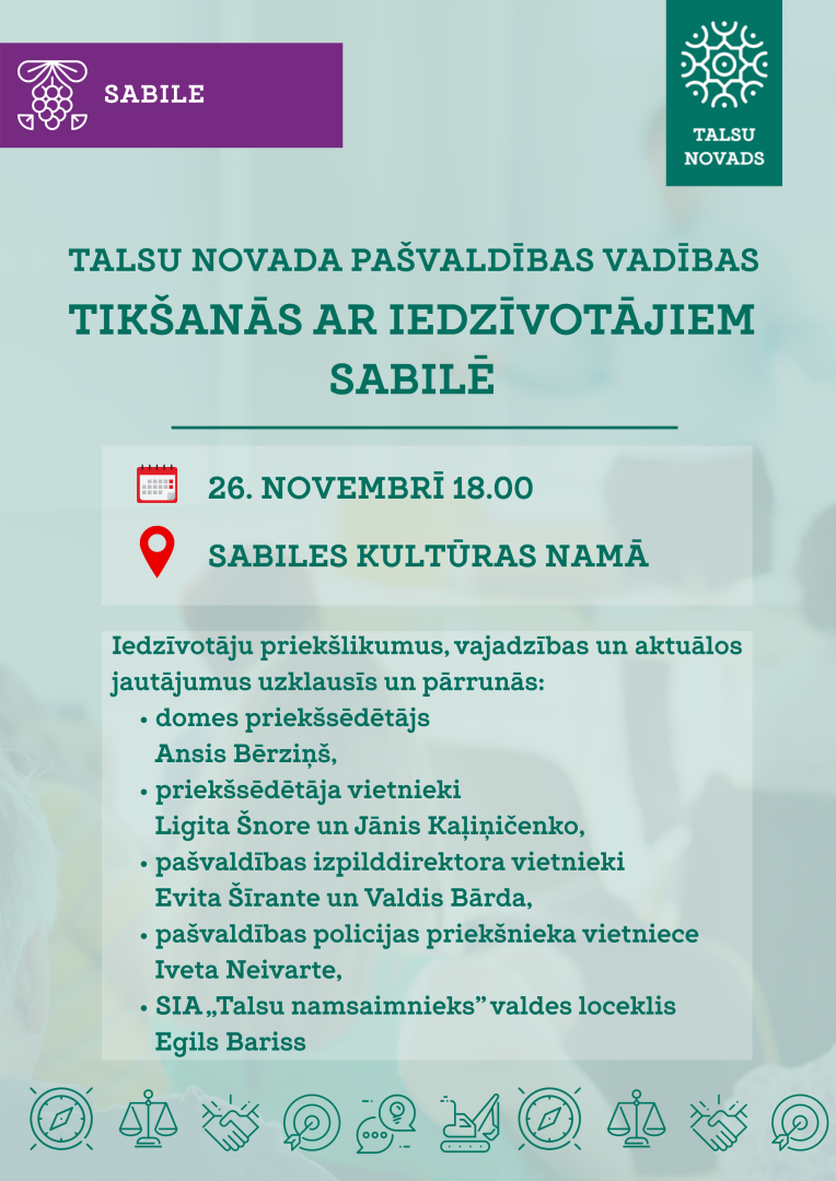 Talsu novada pašvaldības vadība aicina iedzīvotājus uz tikšanos Sabilē un Valdemārpilī