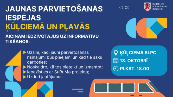 Aicina Ķūļciema, Pļavu un apkārtnes iedzīvotājus 13. oktobrī plkst. 18.00 uz tikšanos Ķūļciema BLPC par jaunām pārvietošanās iespējām un to izmantošanu