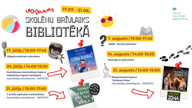 Skolēnu brīvlaika pasākumu Talsu Galvenajā bibliotēkā afiša