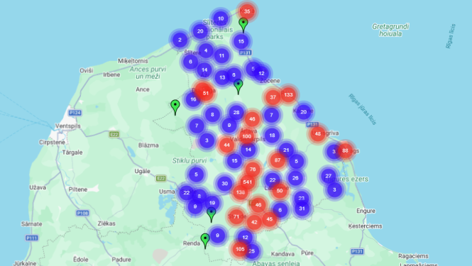 Interaktīvas uzņēmumu kartes ekrānattēls, kurā redzams Talsu novads un apkārtējā teritorija ar daudziem krāsainiem punktu grupējumiem, kas apzīmē uzņēmumu koncentrāciju dažādās novada vietās