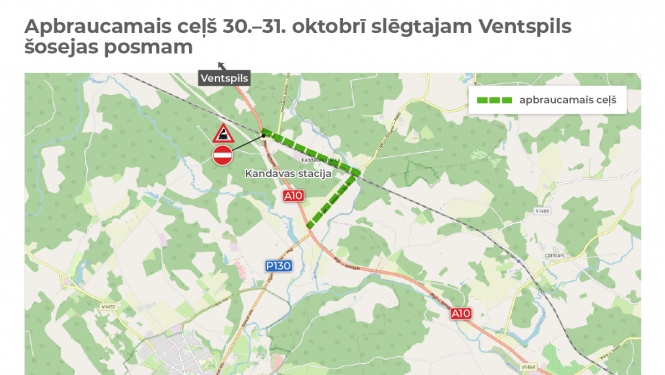 30.–31. oktobrī slēgta pārbrauktuve uz Ventspils šosejas pie Kandavas stacijas, apbraukšana pa vietējiem ceļiem