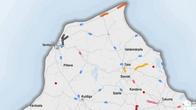 Kurzemes plānošanas reģionā iecerēto valsts ceļu būvdarbu karte