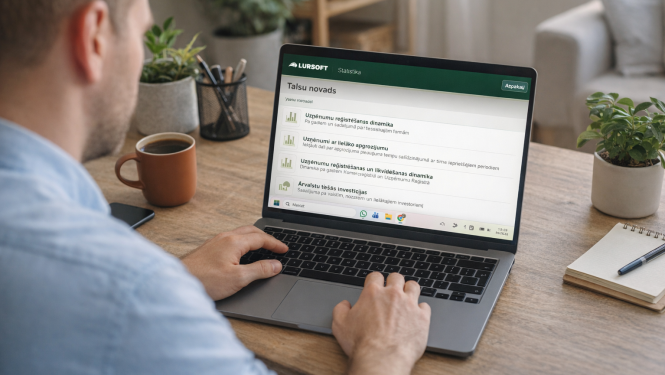 Vīrietis sēž pie rakstāmgalda un datorā aplūko Lursoft statistikas lapu par Talsu novadu; uz galda redzama kafijas krūze, piezīmju bloks un telpaugi.