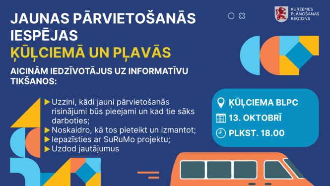 Aicina Ķūļciema, Pļavu un apkārtnes iedzīvotājus 13. oktobrī plkst. 18.00 uz tikšanos Ķūļciema BLPC par jaunām pārvietošanās iespējām un to izmantošanu