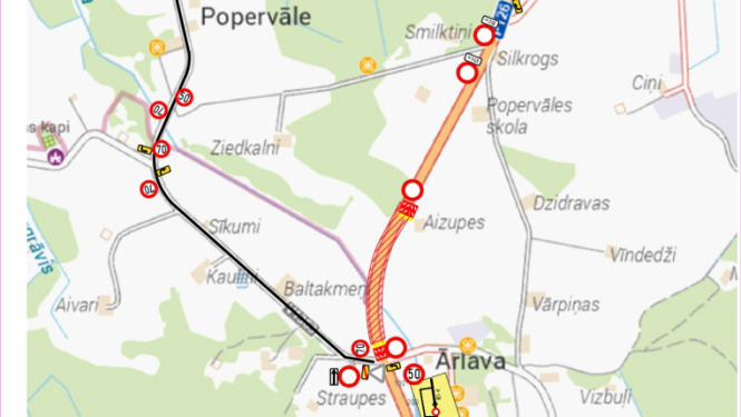 Kartē attēlots būvdarbu apbraukšanas ceļš no Sasmakas ezera vienas malas caur Popervāli līdz Anužiem
