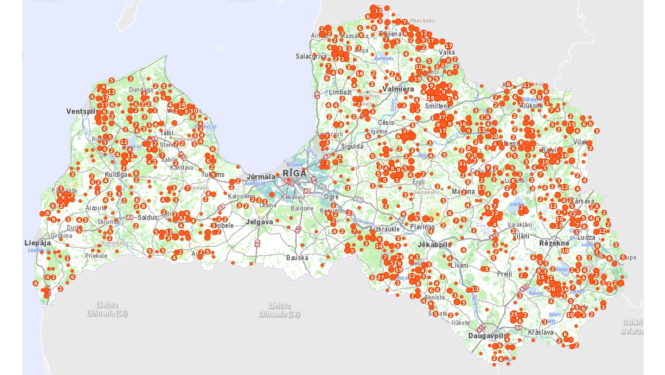 Attēlā vilku klātbūtnes pazīmju kartes slāņa attēlojums mobilajā lietotnē „Mednis”