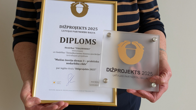 Diploms ar uzrakstu LEADER „Dižprojekts 2025” par Īves pagasta attīstības biedrības „Tiņģernieks” īstonoto projektu